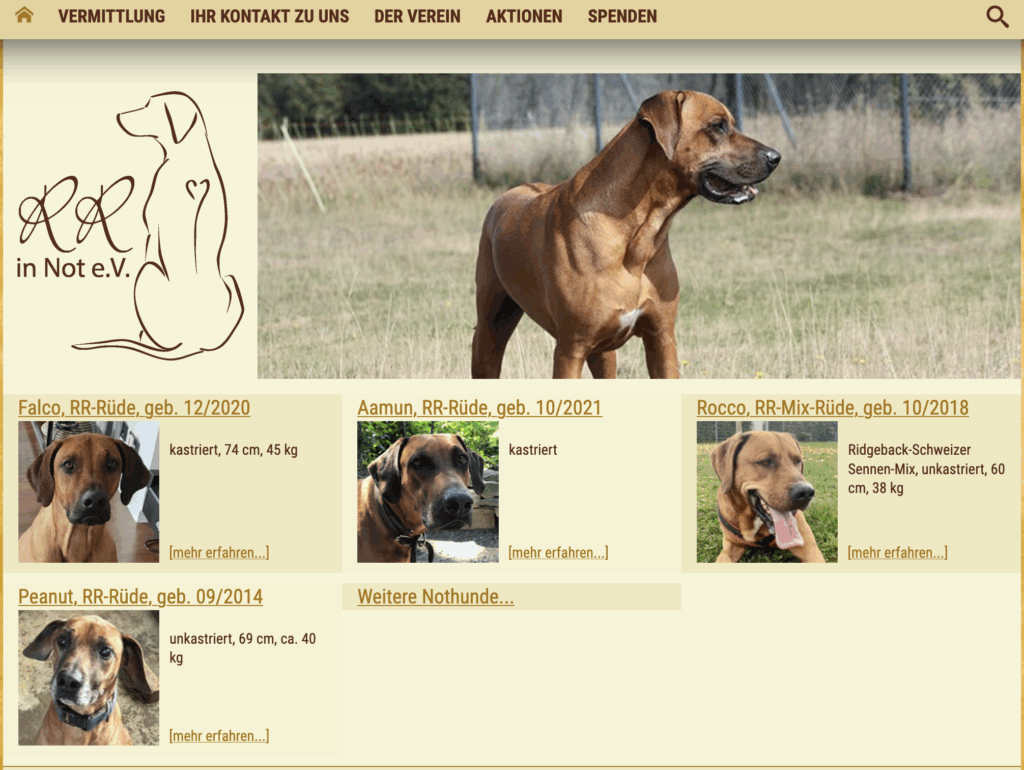 Ridgeback in Not besteht seit dem Jahr 2000 und hat es sich zur Aufgabe gemacht, Menschen und Hunden zu helfen, die sich aus den unterschiedlichsten Beweggründen voneinander trennen müssen. Bis zum Dezember 2010 war RR in Not eine Organisation mit Birgit Linnerth an der Spitze.